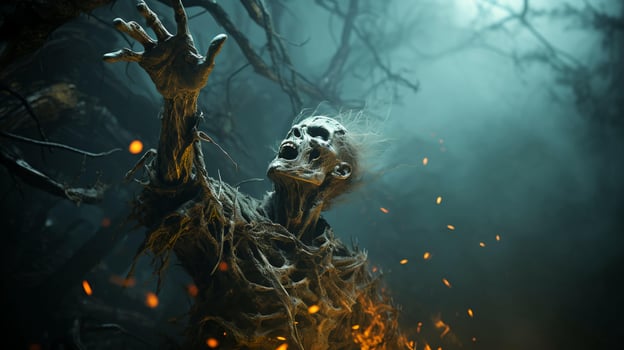 Zombies rise from the dead in a dark scary forest at night and pull their hands out of the ground for the Halloween holiday photo