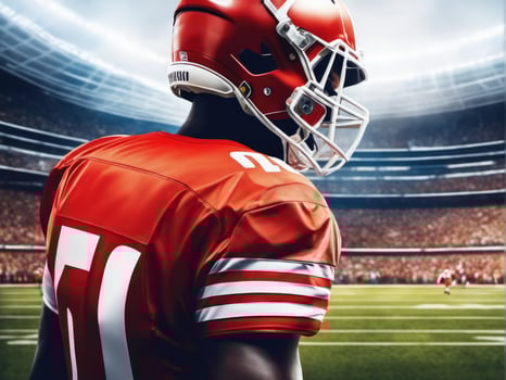 American football player wearing in uniform on backdrop stadium AI Generated photo