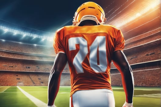 American football player wearing in uniform on backdrop stadium AI Generated photo