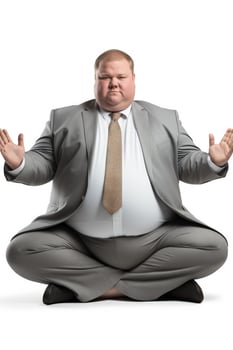 Peaceful overweight manager practicing yoga poses isolated on a white background photo