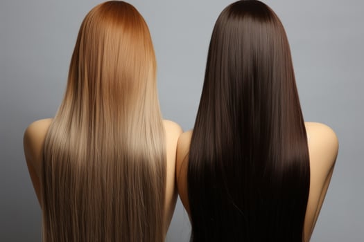 Dark and light straight hair close-up. Brunette and blonde with long straight hair. Hairdressing treatments photo