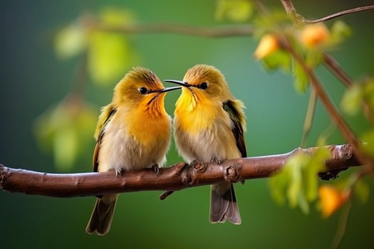 Couple of Little birds sitting on a branch.AI Generated photo