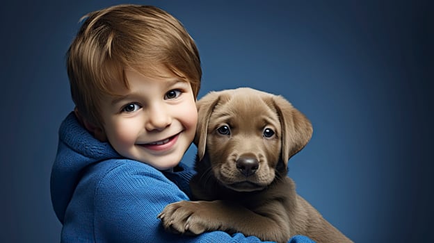 Little boy with labrador puppy on blue background.AI Generated photo