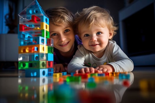 Cute little boys playing with colorful building blocks at home.AI Generated photo