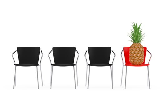 Fresh Ripe Tropical Healthy Nutrition Pineapple Fruit on a Red Chair in Row of Office Chairs. 3d Rendering photo