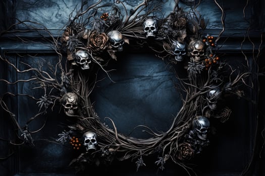 Gothic Halloween wreath adorning a dark door background with empty space for text photo