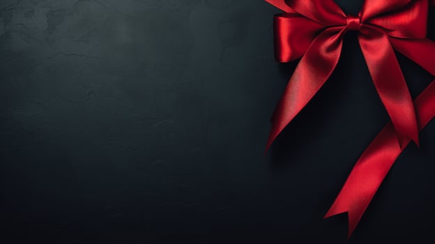Black background with red ribbon bow wallpaper copy space. Black Friday concept. Template mockup for text, logo and product presentation. AI Generative photo