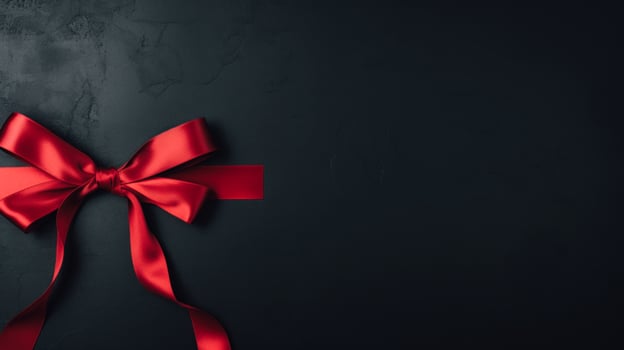 Black background with red ribbon bow wallpaper copy space. Black Friday concept. Template mockup for text, logo and product presentation. AI Generative photo