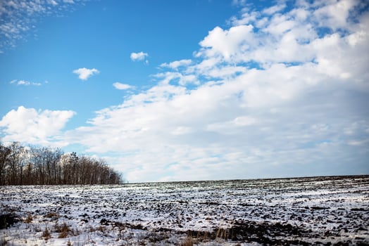 Empty not plowed field after winter blizzard at sunset. Winter rural scene. photo