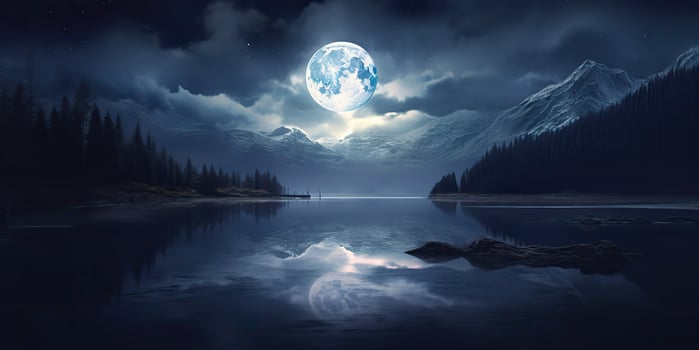 AI Generated. AI Generative. Evening night nature outdoor landscape background full moon and mountains. Graphic Art photo