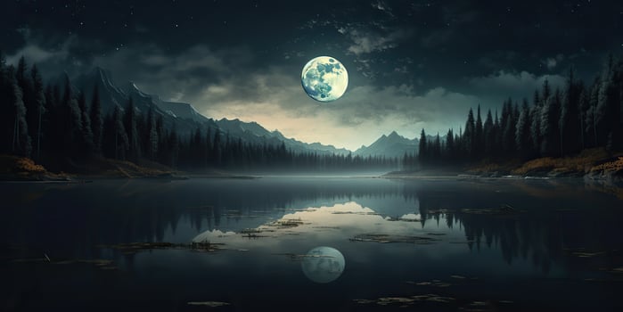 AI Generated. AI Generative. Evening night nature outdoor landscape background full moon and mountains. Graphic Art photo
