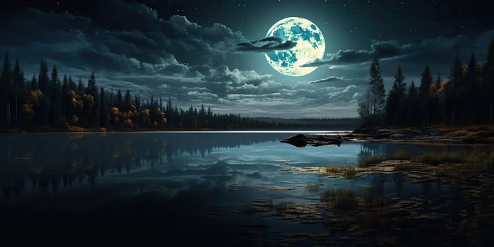 AI Generated. AI Generative. Evening night nature outdoor landscape background full moon and mountains. Graphic Art photo