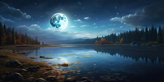 AI Generated. AI Generative. Evening night nature outdoor landscape background full moon and mountains. Graphic Art photo