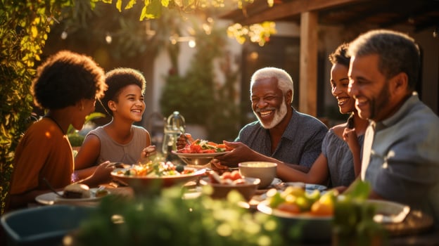 Multi-generational family enjoying potluck dinner photo
