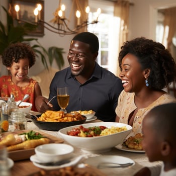 Happy family enjoying a home-cooked meal photo