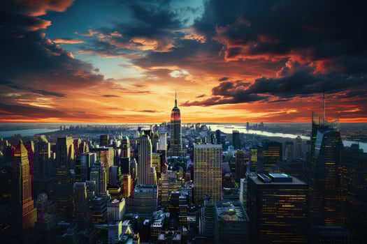 Breathtaking shot of a bustling New York cityscape at sunset.. Generative AI photo