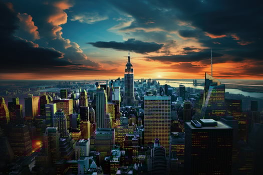 Breathtaking shot of a bustling New York cityscape at sunset.. Generative AI photo