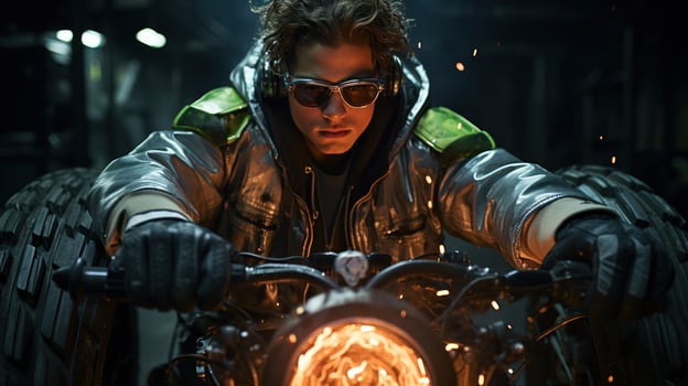 Male model donning retro-futuristic aviator glasses and a metallic leather jacket.. Generative AI photo