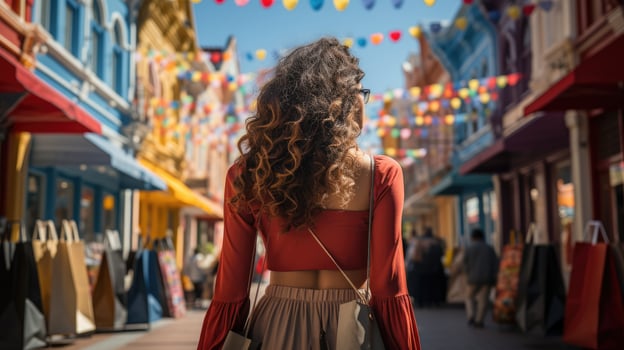 Attractive woman walking down the street with shopping bag. Generative AI photo