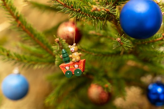 Christmas tree toys on the branches of the Christmas tree. photo