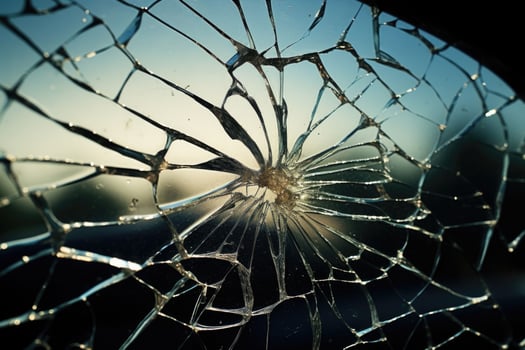 Broken car windshield, damaged glass with traces of oncoming stone on road. Generative AI photo