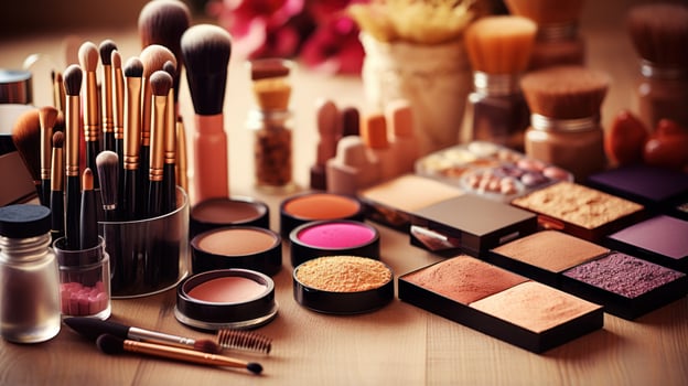 Collection of makeup products and brushes - Glamorous beauty essentials photo