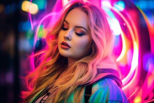 Plus size modern woman rocking modern against the vibrant neon streets AI Generative photo