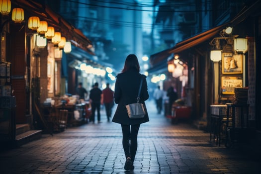 Woman walking confidently through the vibrant neon lit streets AI Generative photo