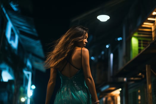 Woman walking confidently through the vibrant neon lit streets AI Generative photo