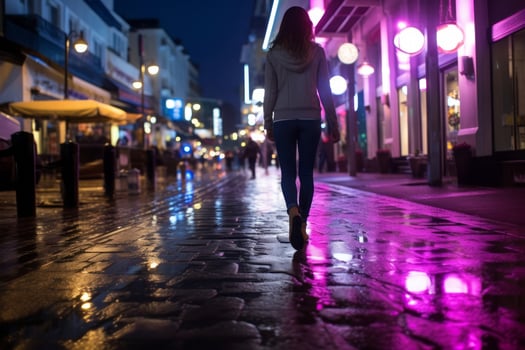 Woman walking confidently through the vibrant neon lit streets AI Generative photo