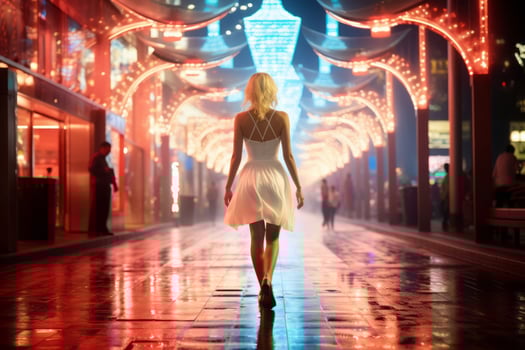 Woman walking confidently through the vibrant neon lit streets AI Generative photo