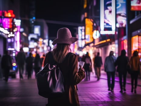 Woman walking confidently through the vibrant neon lit streets AI Generative photo