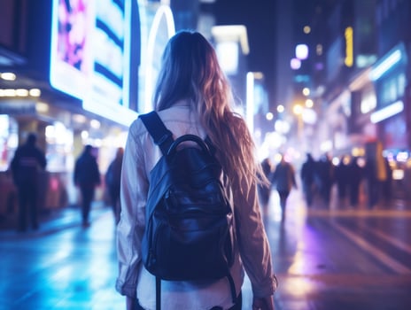 Woman walking confidently through the vibrant neon lit streets AI Generative photo