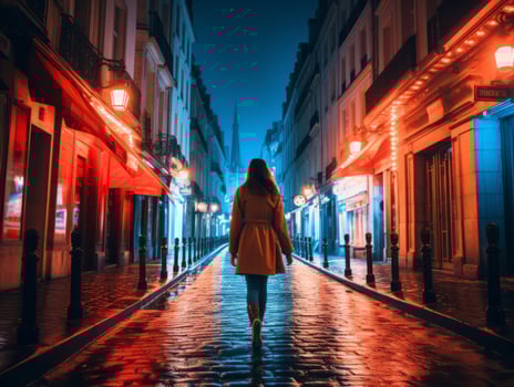Woman walking confidently through the vibrant neon lit streets AI Generative photo