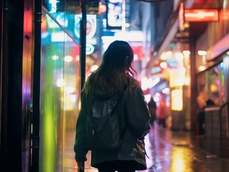 Woman walking confidently through the vibrant neon lit streets AI Generative photo