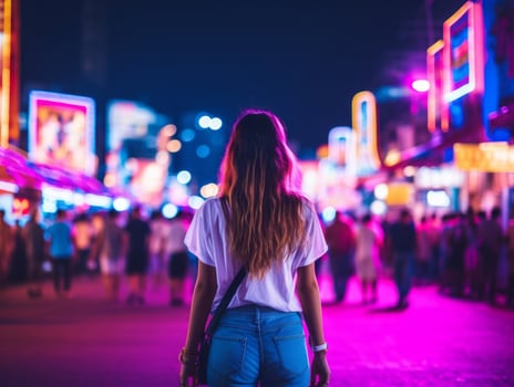 Woman walking confidently through the vibrant neon lit streets AI Generative photo