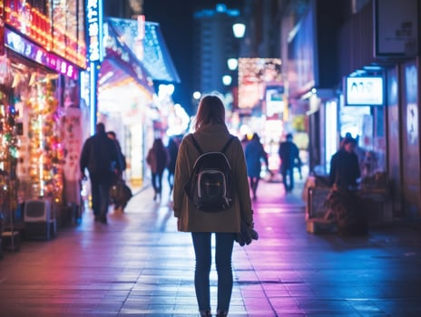 Woman walking confidently through the vibrant neon lit streets AI Generative photo