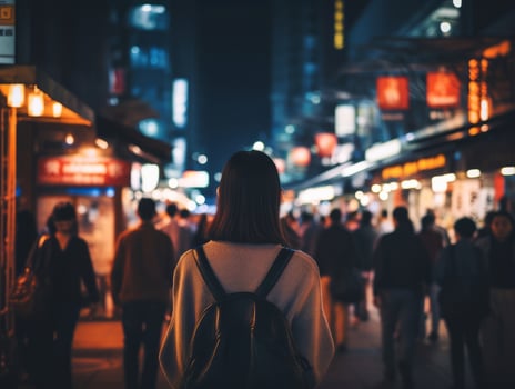 Woman walking confidently through the vibrant neon lit streets AI Generative photo