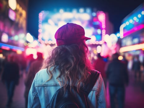 Woman walking confidently through the vibrant neon lit streets AI Generative photo