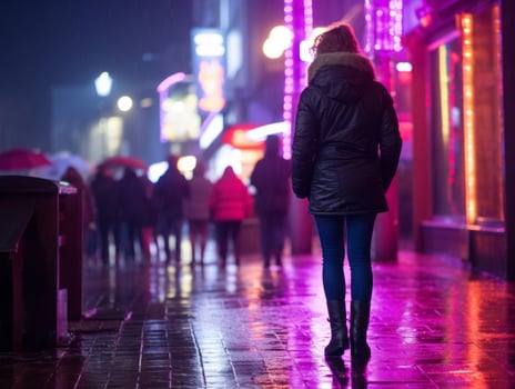 Woman walking confidently through the vibrant neon lit streets AI Generative photo