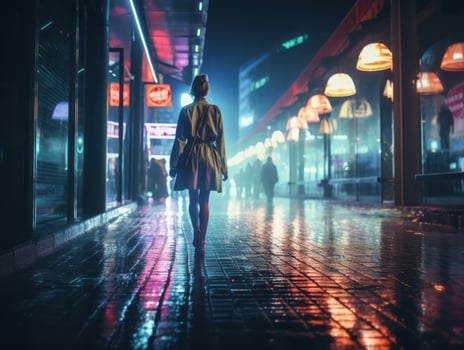 Woman walking confidently through the vibrant neon lit streets AI Generative photo