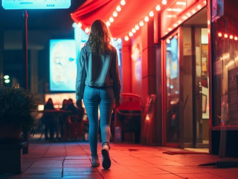 Woman walking confidently through the vibrant neon lit streets AI Generative photo