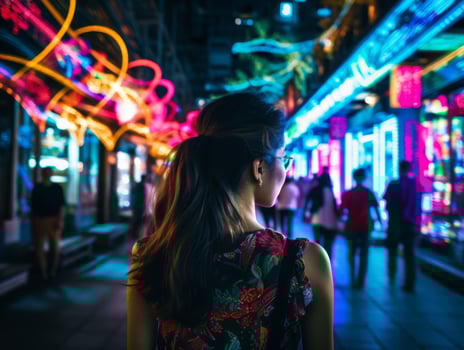 Woman walking confidently through the vibrant neon lit streets AI Generative photo