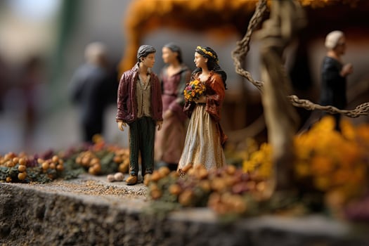 Miniature two people in love. Toy little husband and wife. Concept of wedding, romance and Valentine's day created with Generative AI Technology photo