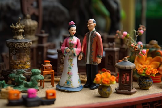 Chinese wedding in miniature style. Husband and wife in traditional Chinese clothes. Concept of love, tradition, family and relationships. Asian man and woman created with Generative AI Technology photo