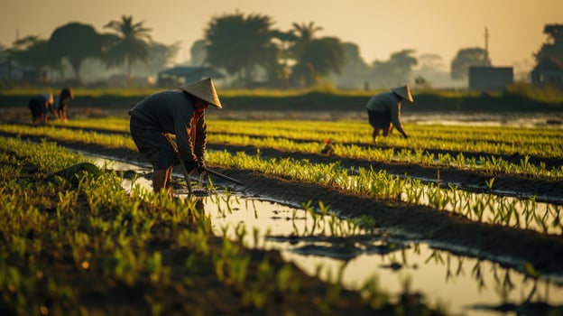 Farmer working in a rice field. Farmer working at Sunset on the rice field. Generative AI photo