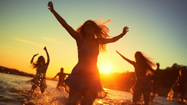 Silhouettes of group of teen girls jumping and dancing. Joyful friends. Generative AI photo