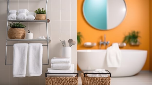 Contemporary Elegance - A Modern Bathroom Oasis with Clean Towels. Generative AI photo