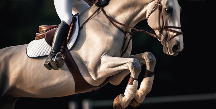 Graceful Leaps. The Thrill of Horse Jumping in Equestrian Sports. Generative AI photo