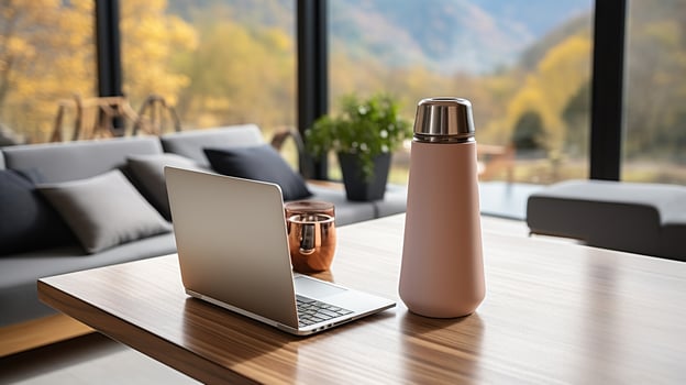Laptop, Thermos, and Cozy Coffee Table Setup. Generative AI photo